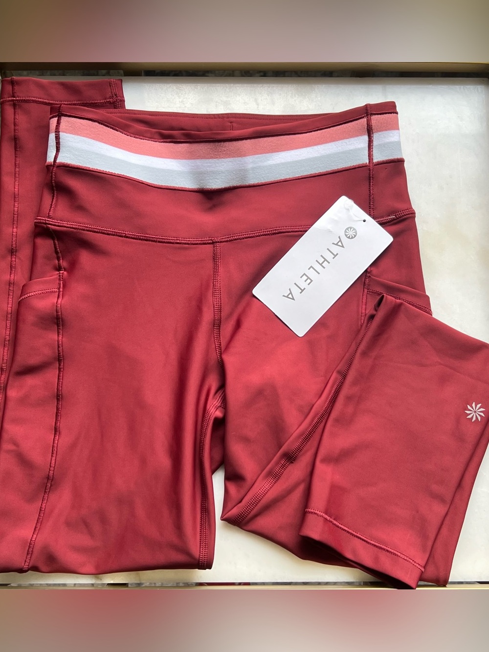 Athleta Red Leggings With Pockets NWT High Wasted Stripe Tight XS
